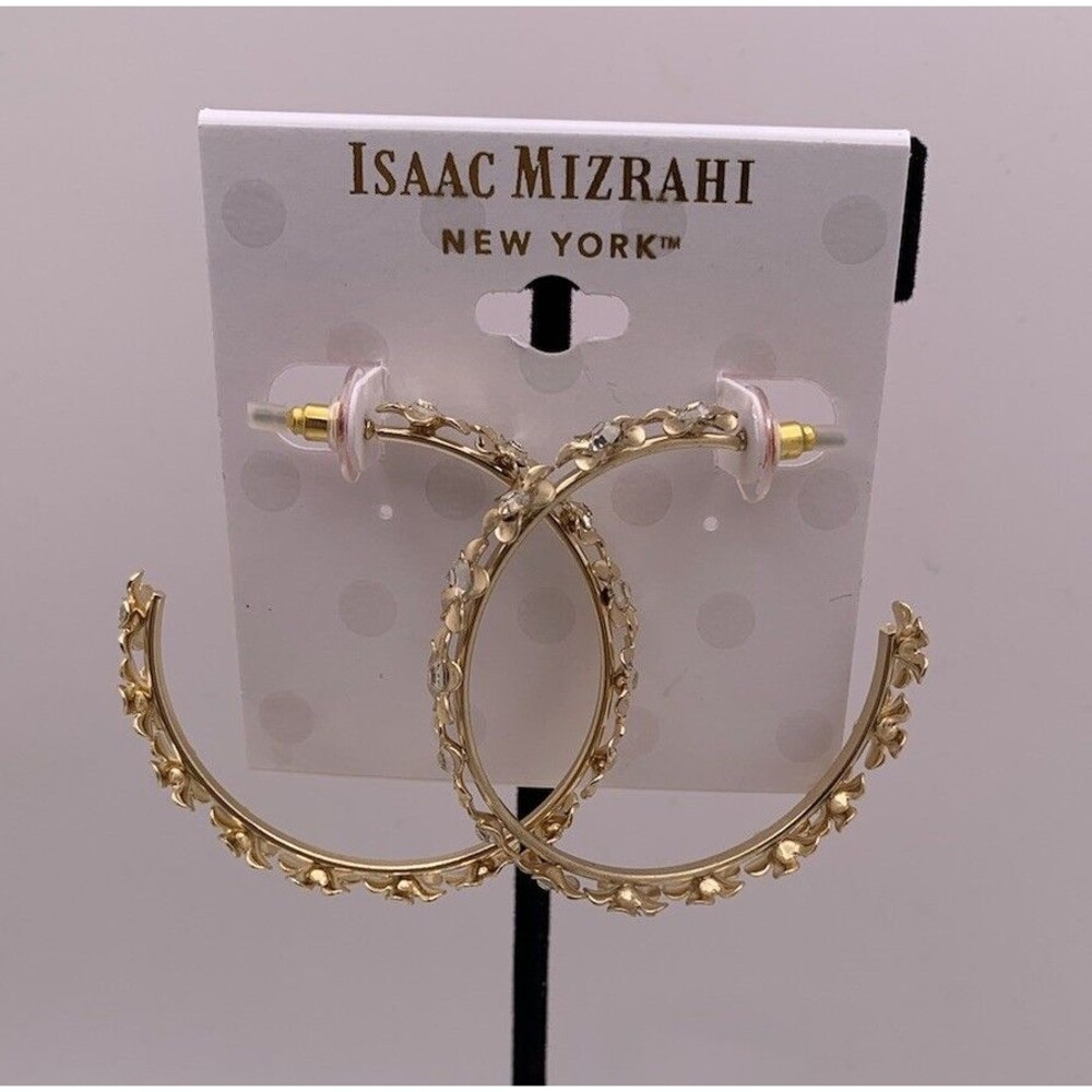 Isaac Mizrahi New York Gold Tone Floral Earrings 2 Inch Rhinestone New